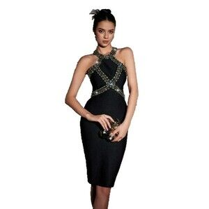 Mew Mews LARGE Black Ochre Halter Neck Rhinestone Embellished Bandage Midi Dress